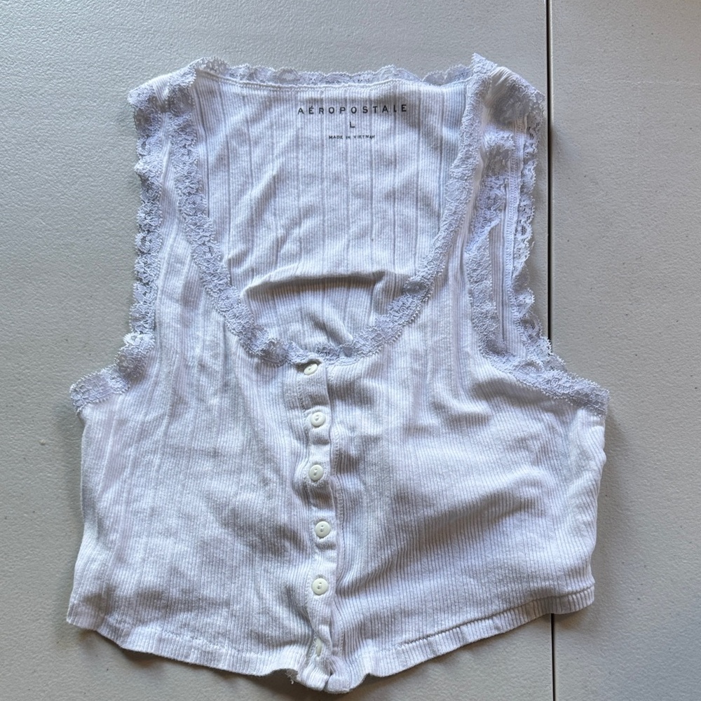 Aeropostale Ribbed White Button Crop Top with Lace